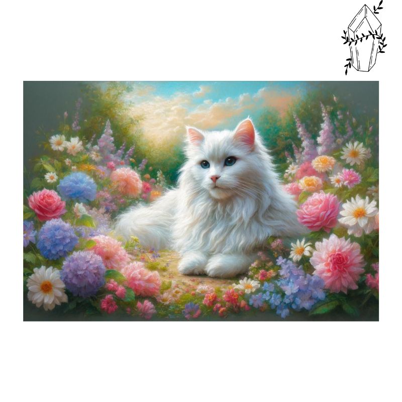 Diamond Painting White Angora Cat in the Flowers