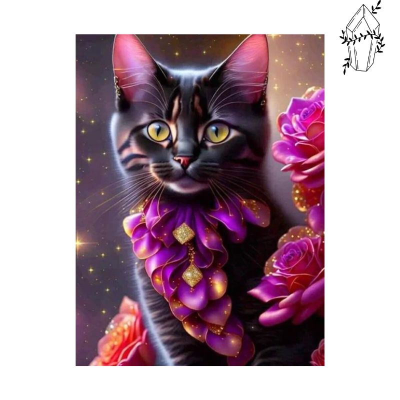 Diamond painting Black flowered kitten | Diamond-painting-club.us