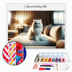 Diamond Painting White Cat in the Living Room