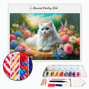 Diamond Painting White Angora Cat in the Flowers