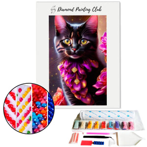 Diamond painting Black flowered kitten | Diamond-painting-club.us