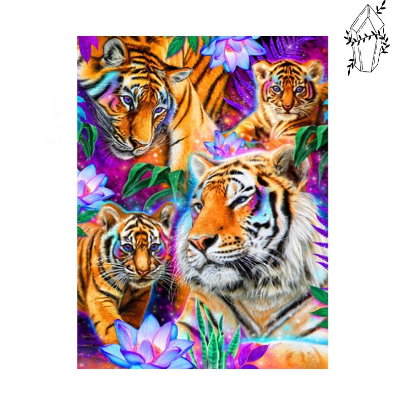 Diamond Painting Tiger Family in Flowers | Diamond-painting-club.us