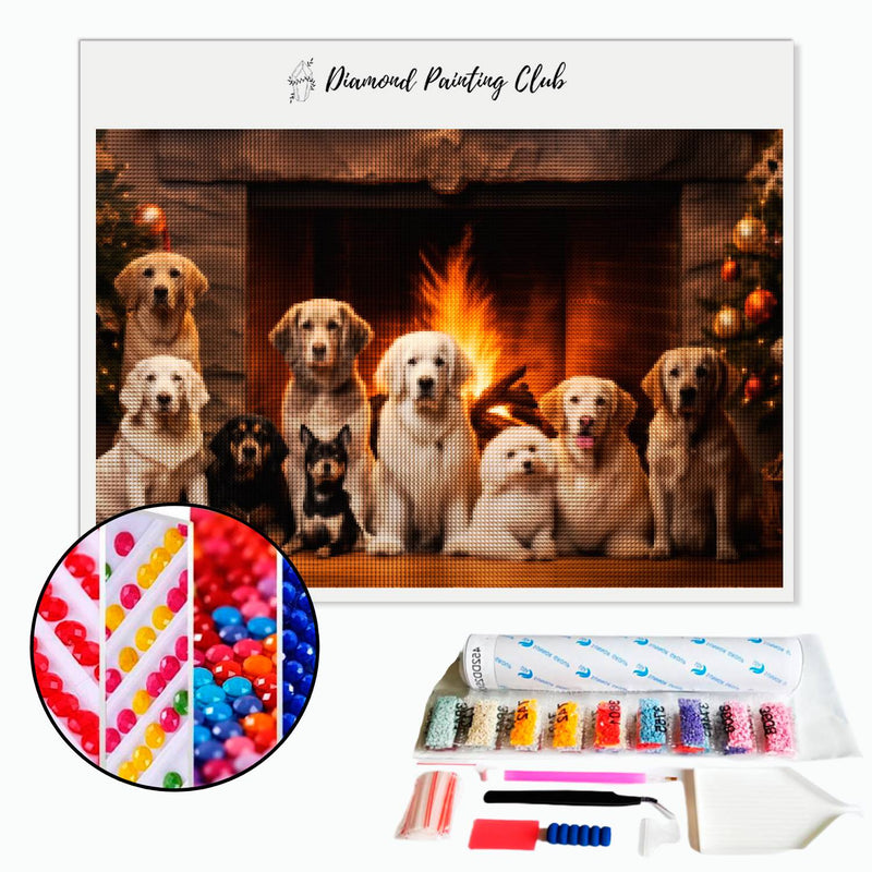 Diamond Painting Dogs in front of the Christmas Fireplace | Diamond-painting-club.us