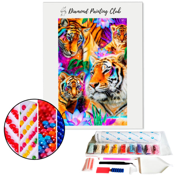 Diamond Painting Tiger Family in Flowers | Diamond-painting-club.us