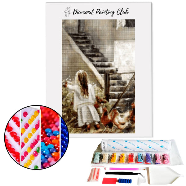 Diamond Painting Young Girl in the Chicken Coop | Diamond-painting-club.us